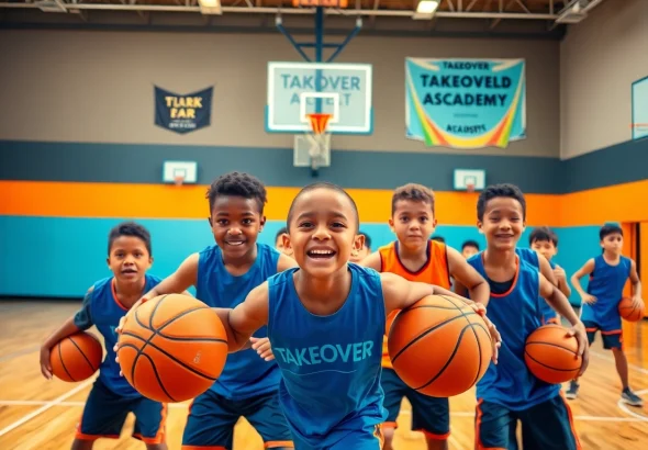 Dynamic training session at the Takeover Basketball Academy, showcasing young athletes in action.