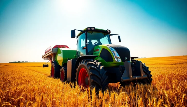 Claas Traktor arbeitet in einem goldenen Weizenfeld bei strahlendem Sonnenlicht.