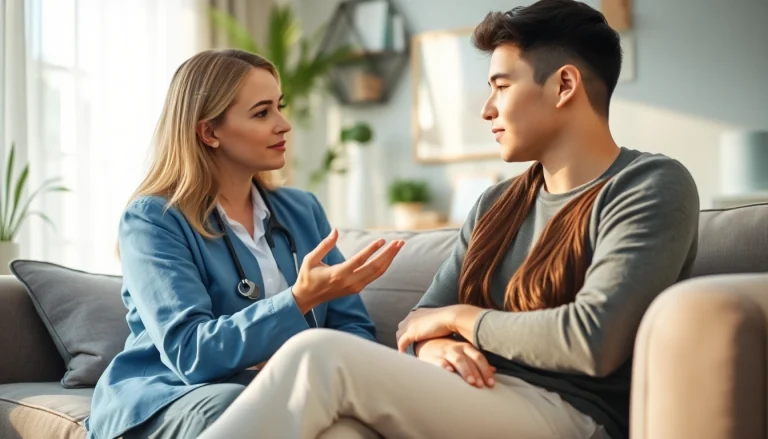 Therapist supporting a young adult dealing with depression in a calming office.