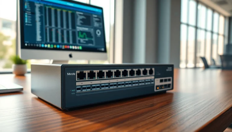 Mikrotik Switch displayed in a modern office environment, emphasizing connectivity and technology.