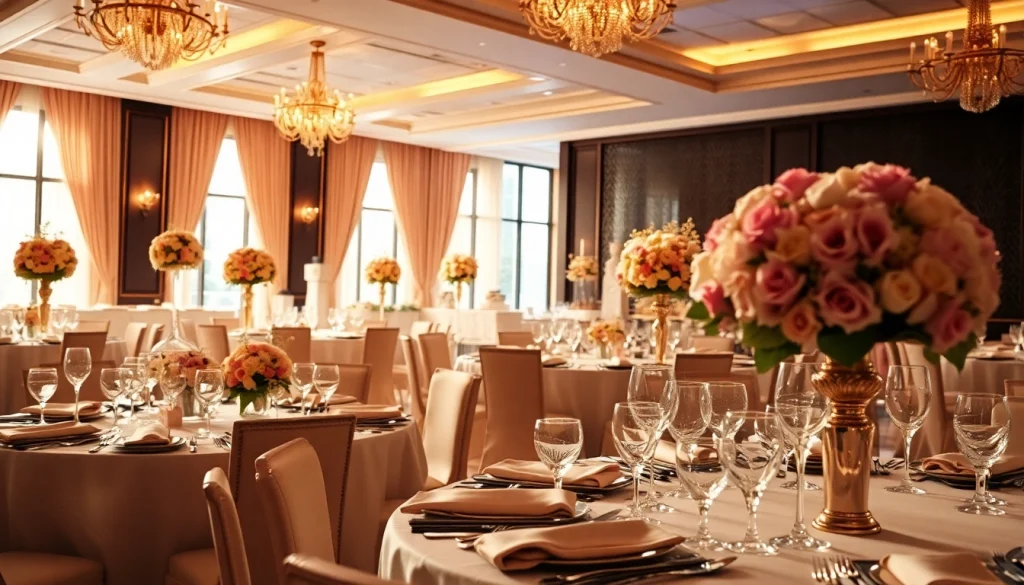 Experience the elegance of le prestige hall with luxurious decorations and warm lighting.