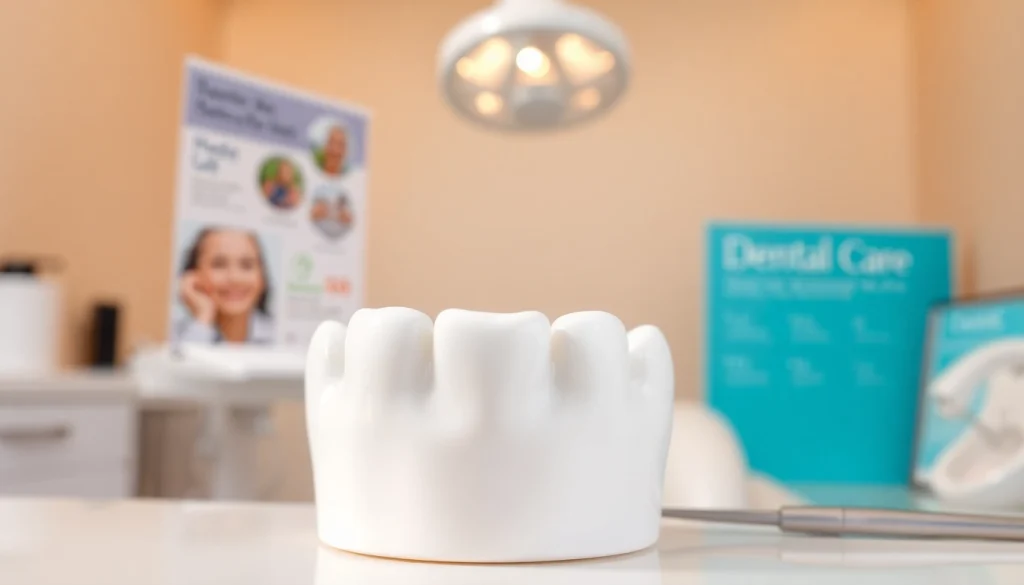 Showcasing dental crowns in a professional setting with detailed focus on a shiny porcelain crown.