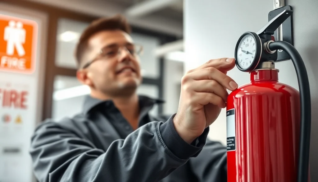 Inspecting a fire extinguisher during fire extinguisher servicing in a modern office setting.