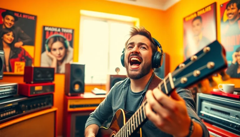 Engaging musician passionately demonstrating music pitching in a lively studio setting.