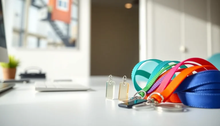 Lanyard keychain designs showcased on a modern desk with vibrant colors and acrylic charms.