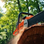 Stihl Kettensäge schneidet Holz mit Professionalität und Präzision im Wald.