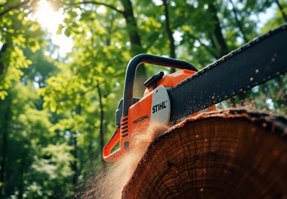 Stihl Kettensäge schneidet Holz mit Professionalität und Präzision im Wald.