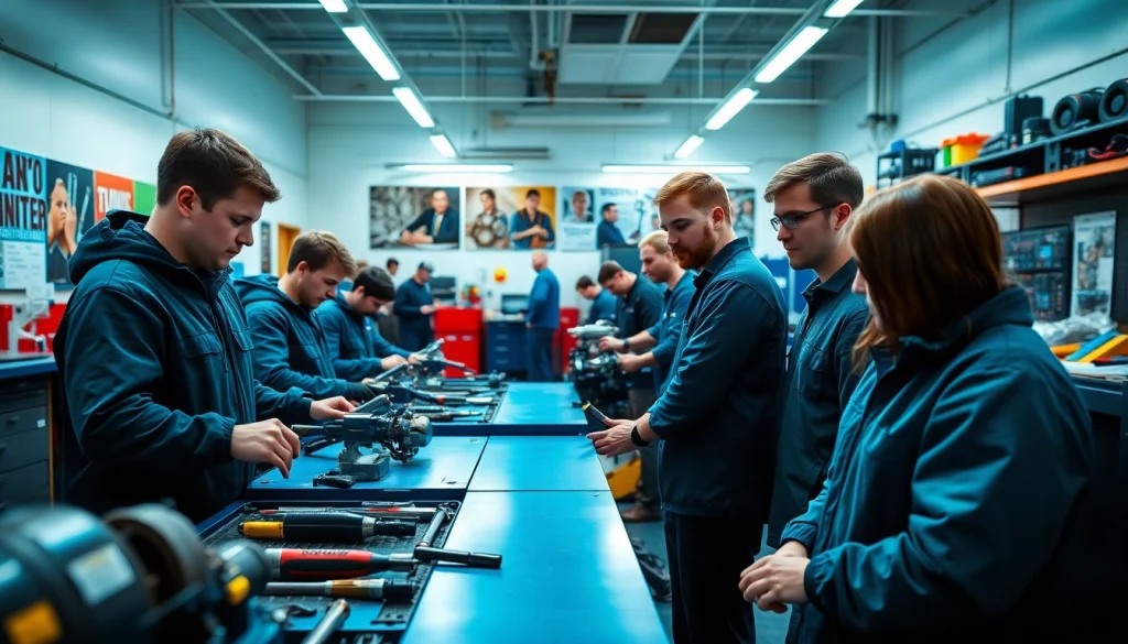 Students training at a trade school Knoxville TN in a modern workshop environment.