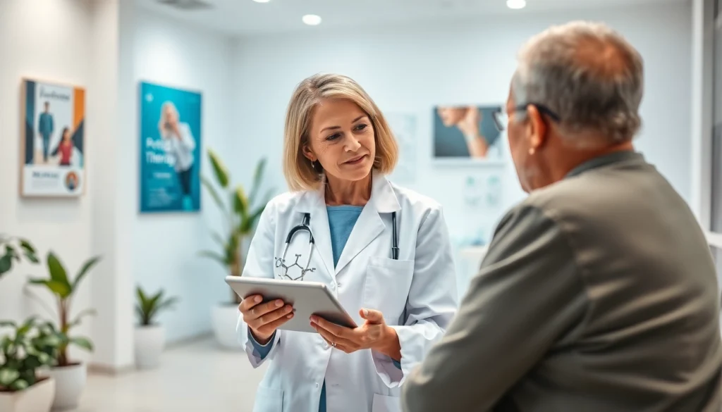 Showcasing Peptide Therapy consultation with a healthcare professional and patient discussing treatment.