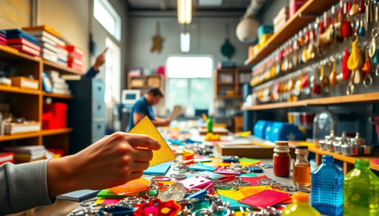 Crafting acrylic keychains in a vibrant workshop by an acrylic keychain manufacturer.