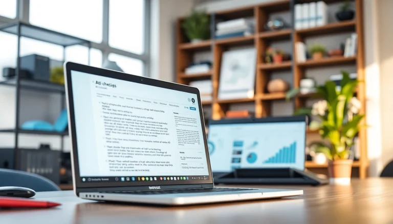 Analyze text using the ai checker tool in a modern office setup with vibrant lighting.