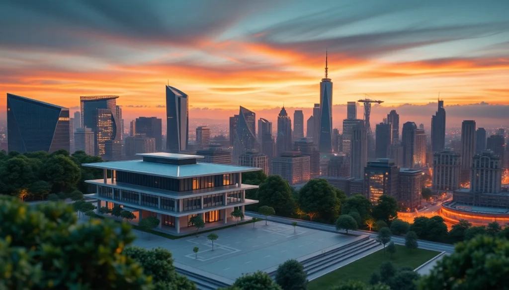 Architekturvisualisierung von modernen Stadtgebäuden bei Sonnenuntergang, lebendig inszeniert mit Details.