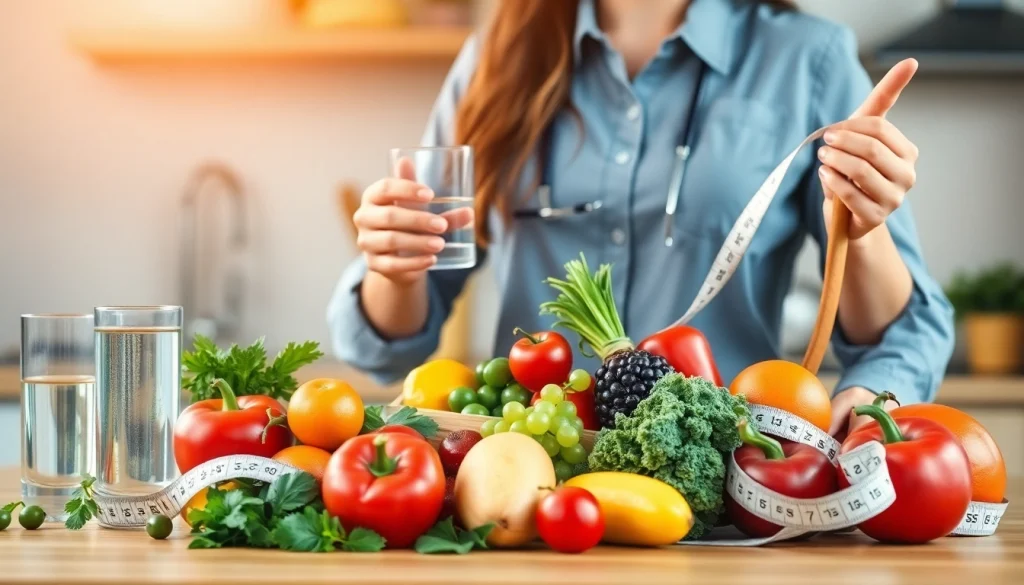 Nutritionist demonstrating healthy food choices for losing weight in a modern kitchen.