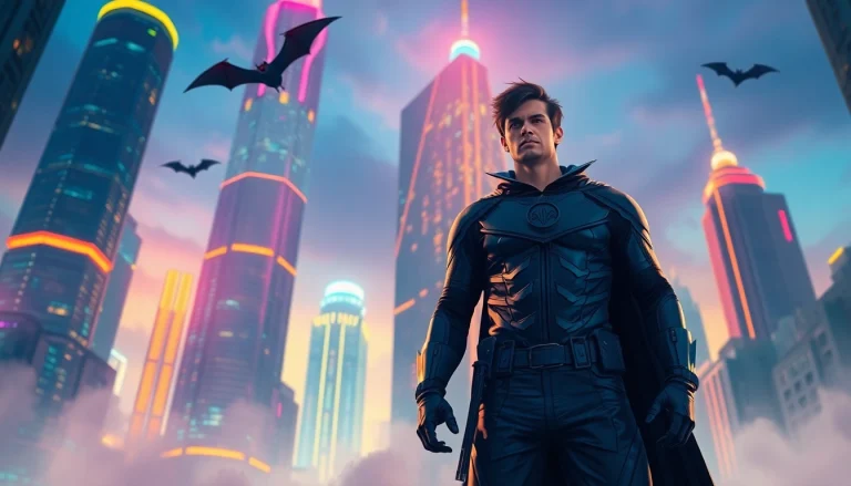 Bermain game batman138 dengan karakter pahlawan dalam kota futuristik yang berwarna cerah.