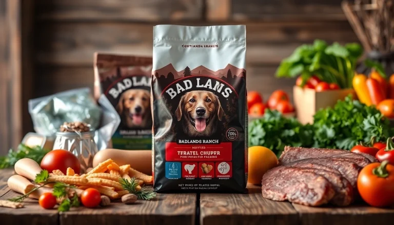 Showcase badlands ranch dog food with fresh ingredients on a rustic table, emphasizing quality and natural nutrition.