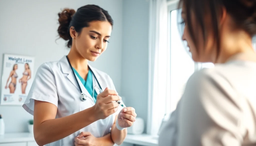 Administering an Injectable Weight Loss treatment in a modern medical setting with a focus on healthcare.