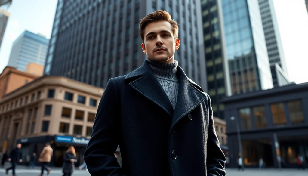 Showcase stylish mens coats worn by a model in a vibrant urban environment