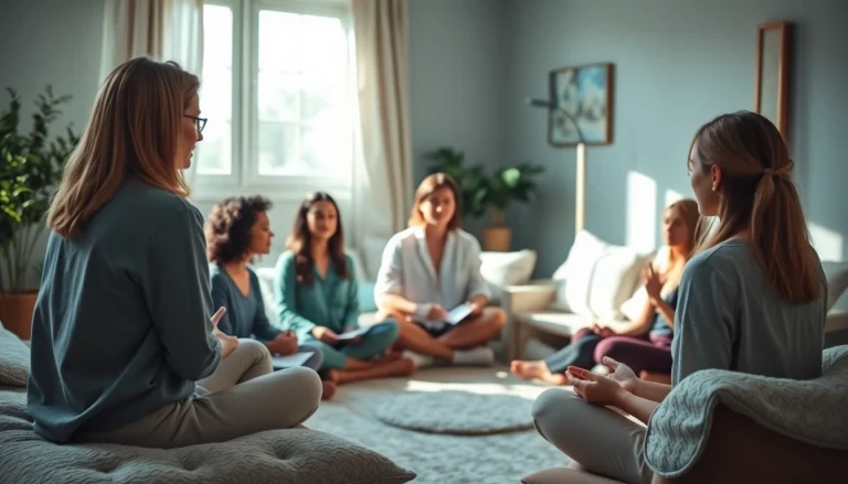 Individuals engaged in healing trauma activities in a cozy therapy room.