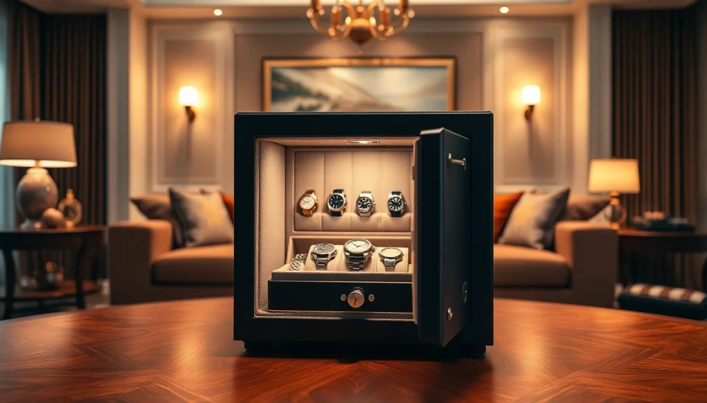 Showcase a premium watch safe featuring luxury timepieces secured inside.