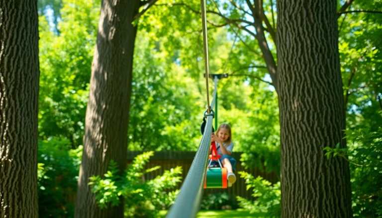 Children enjoying a thrilling ride on ZIP WIRE KITS in a backyard setup.