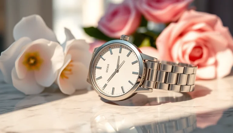 Damen Armbanduhren auf einem Marmortisch mit natürlichem Licht und eleganter Anordnung.