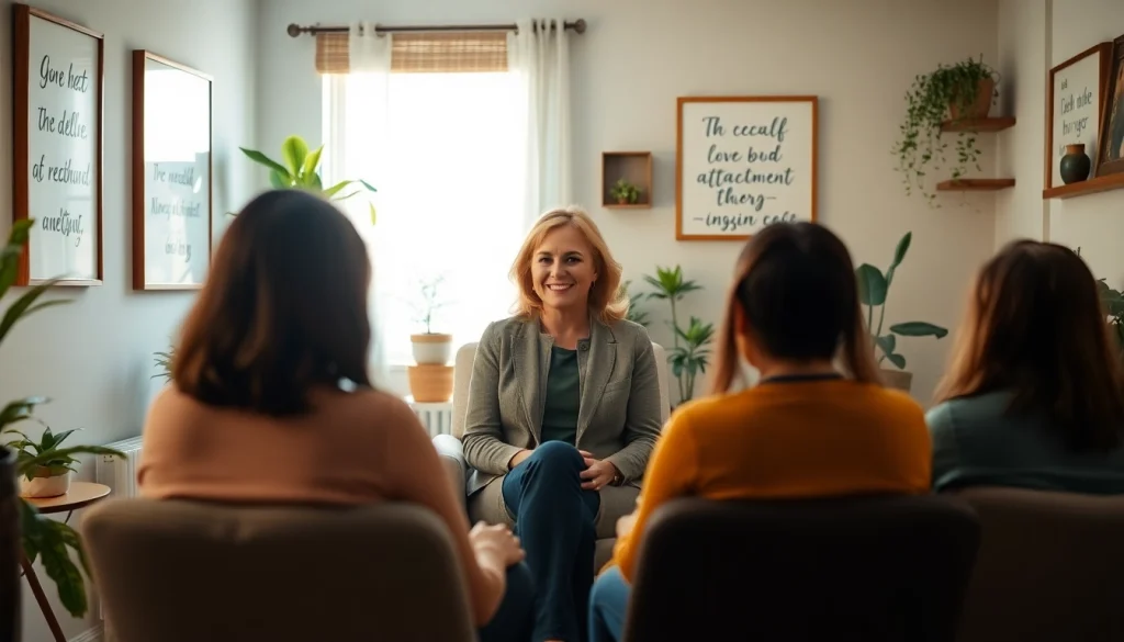 Attachment theory coach guiding clients in a warm, inviting counseling room.
