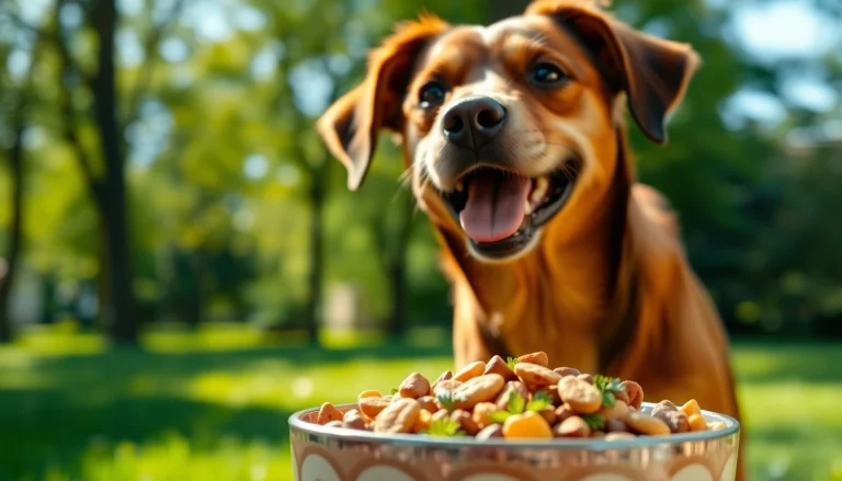 Happy dog eating nature's blend dog food canada in a sunny outdoor park.
