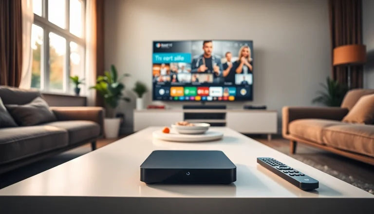 Comprar IPTV en un dispositivo de streaming moderno en una sala acogedora.