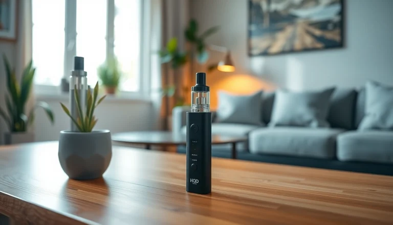 Showcasing the HQD Cuvie vape device in a stylized, serene setting emphasizing design and quality.