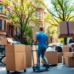 Brooklyn movers efficiently carrying boxes during a residential move in a lively urban setting.