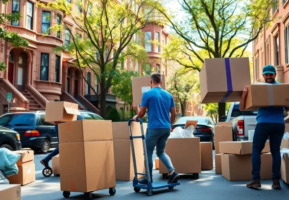 Brooklyn movers efficiently carrying boxes during a residential move in a lively urban setting.