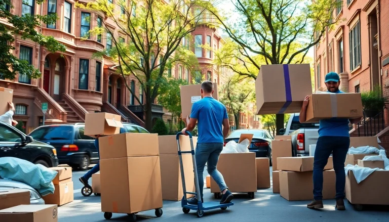 Brooklyn movers efficiently carrying boxes during a residential move in a lively urban setting.