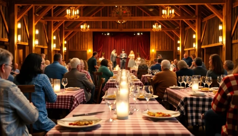 Experience a delightful barn dinner theater with guests enjoying an elegant buffet and show.