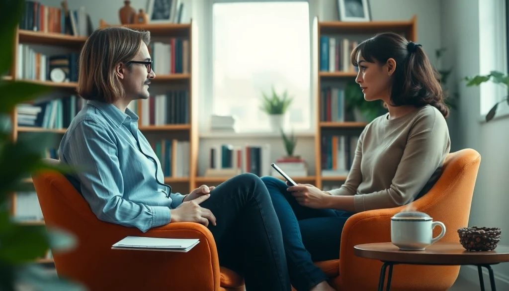 Engaging scene of a therapist explaining depression to a patient in a calming office.