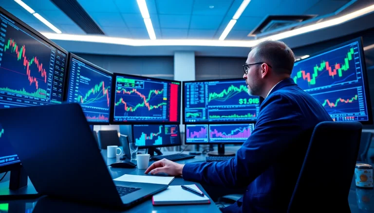Engaging visual of crypto trading strategies with a trader analyzing market trends using multiple screens