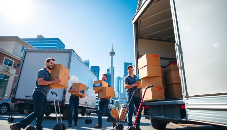 Movers Calgary team loading a truck in busy city environment.