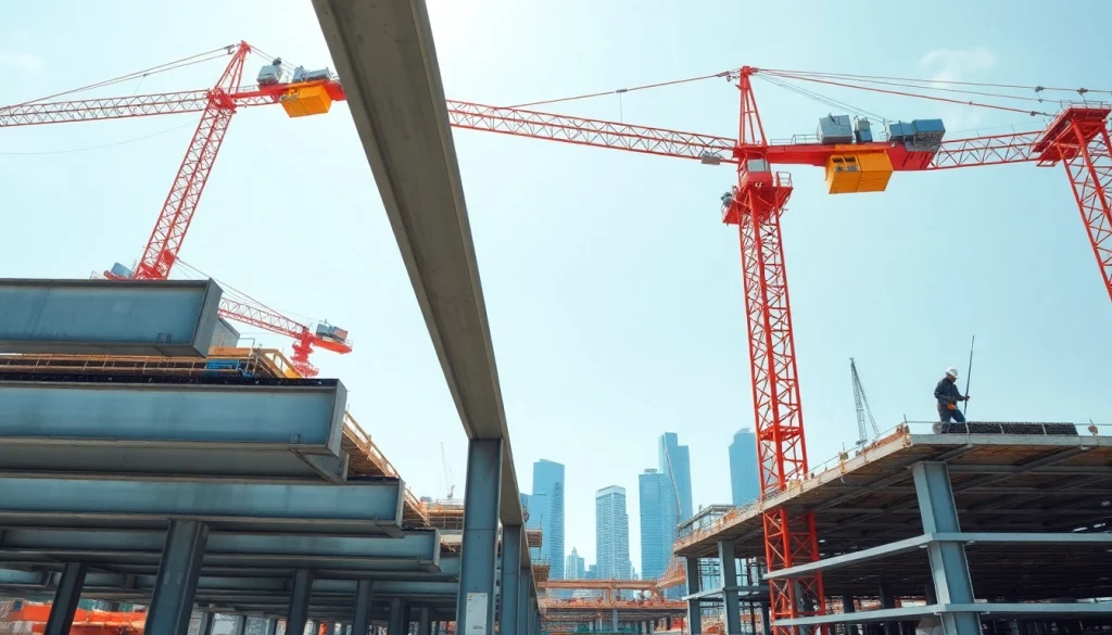 Visual representation of structural steel construction demonstrating building frameworks and site activity.