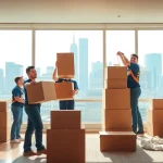 Manhattan moving company team efficiently packing boxes in a bustling city apartment.
