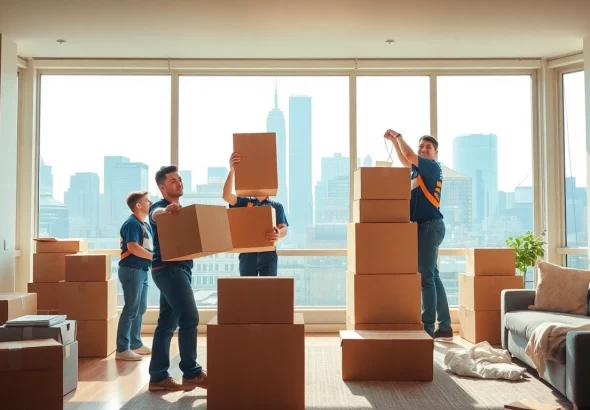Manhattan moving company team efficiently packing boxes in a bustling city apartment.
