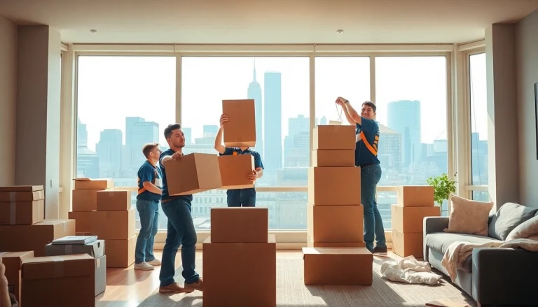 Manhattan moving company team efficiently packing boxes in a bustling city apartment.