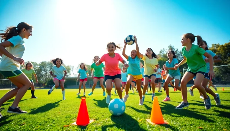 Girls actively participating in Multi Sports Camps for Girls, showcasing teamwork and fun in an outdoor setting.