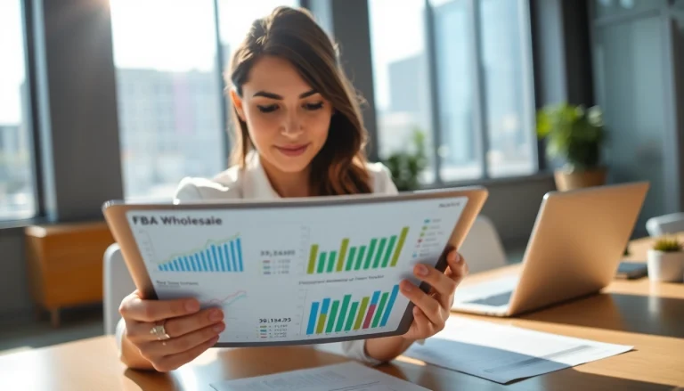 Analyze fba wholesale sales trends with data charts in a bright office setting.