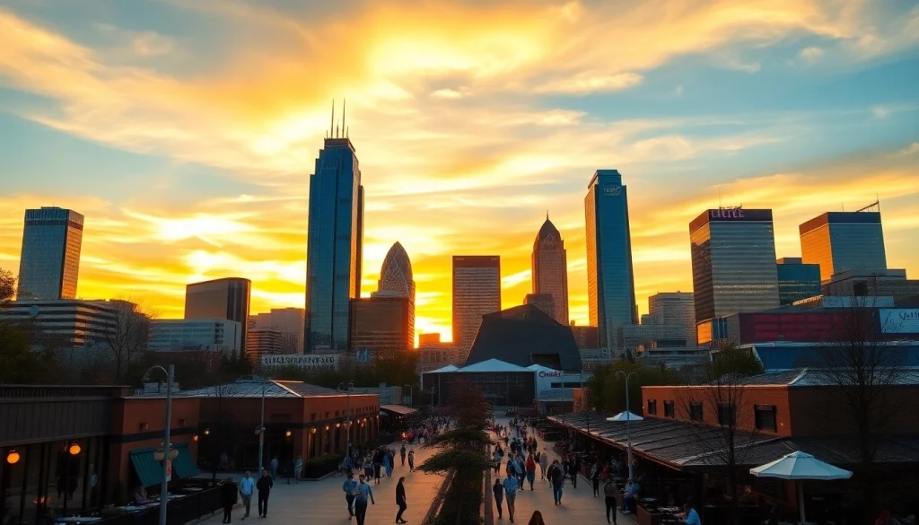 Capture the vibrant skyline of Charlotte NC with lively streets and colorful sunset.