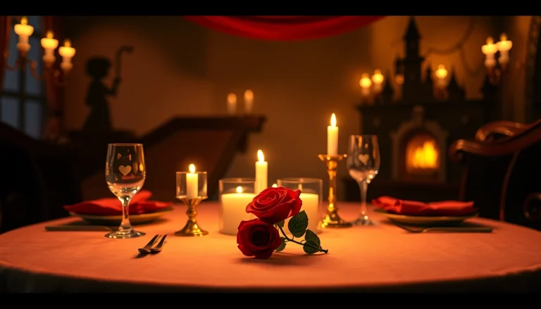 Celebrate beauty and the beast valentines with a romantic dinner setting featuring roses and candlelight.