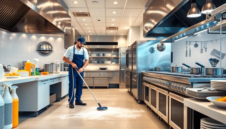 Staff of a restaurant janitorial cleaning service diligently sanitizing a kitchen environment.