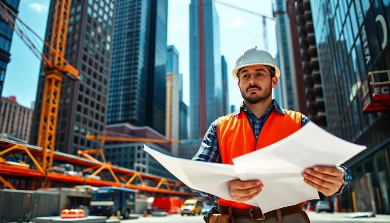 Expert New York City General Contractor reviewing blueprints in a dynamic urban setting.