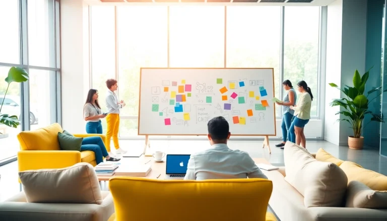 Engaging advertisement design process showcasing a creative team collaborating on colorful ideas.