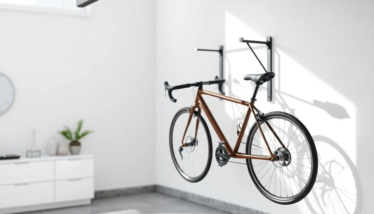 Showcase of a Bicycle wall hanger designed to stylishly hold two bikes vertically.