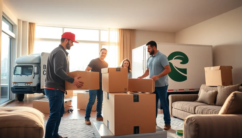 Movers Calgary efficiently packing boxes for a residential move in a bright and welcoming living room.