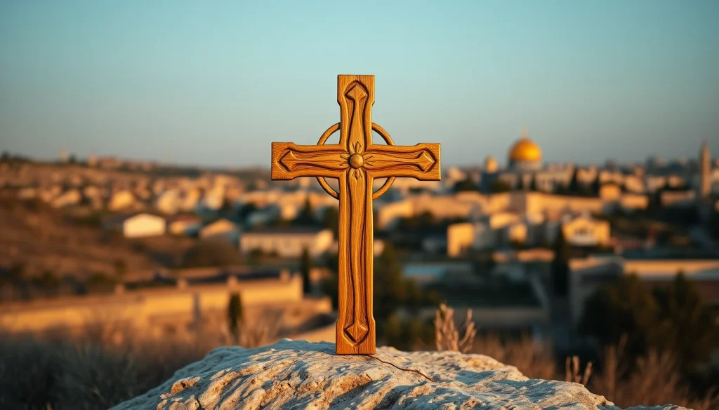 Admire the intricate Jerusalem crosses against a serene Jerusalem landscape, symbolizing faith and history.